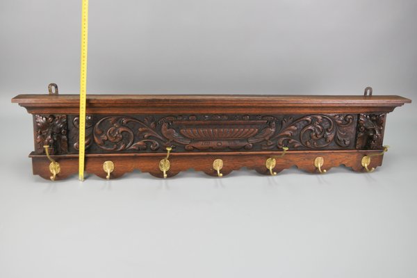 Antique French Hand Carved Oak and Brass Wall Coat Rack with Lion Heads 1900s for sale at Pamono
