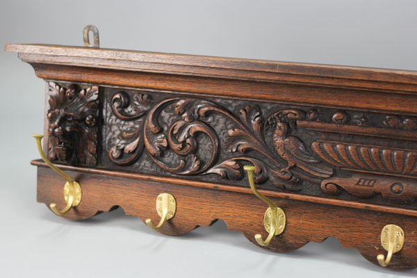 Antique French Hand-Carved Oak and Brass Wall Coat Rack with Lion