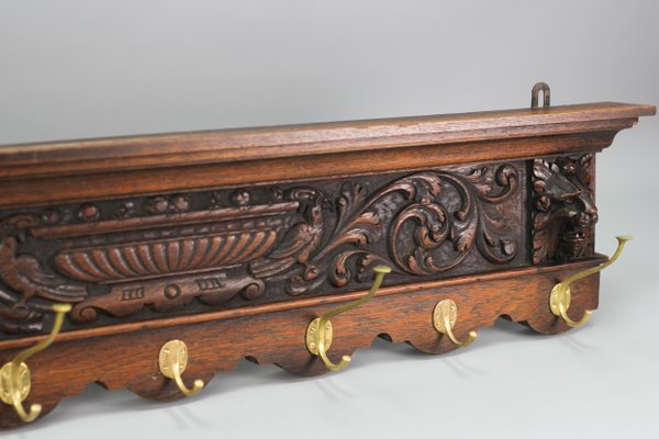 Antique French Hand-Carved Oak and Brass Wall Coat Rack with Lion Heads,  1900s for sale at Pamono