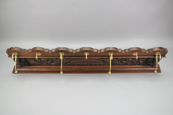 Antique French Hand-Carved Oak and Brass Wall Coat Rack with Lion Heads,  1900s