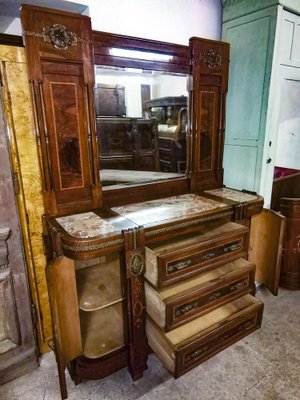 Art Nouveau Dresser with Mirror Inlays Brass Pink Marble