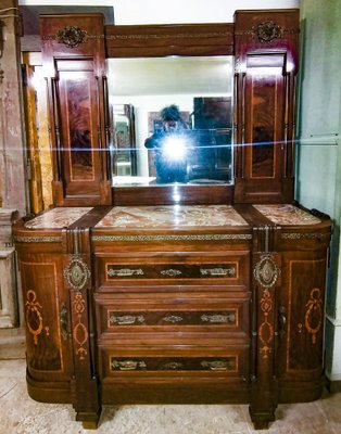 Art Nouveau Dresser with Mirror Inlays Brass Pink Marble Italy