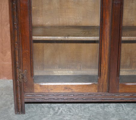Vintage English Jacobean Revival Oak, Antique Glass Bookcase With Drawers And Doors