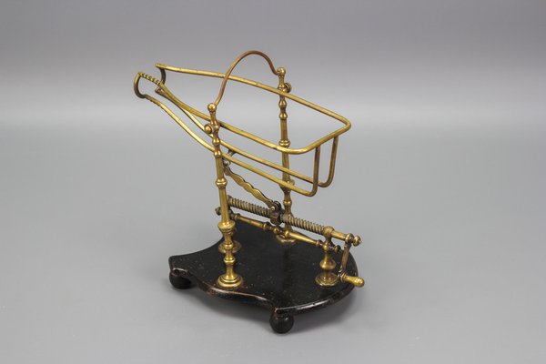 Antique French Brass Bottle Holder with Wood Stand for sale at Pamono