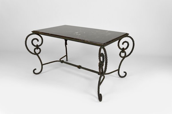 Patinated Wrought Iron and Black Marble Coffee Table 1940s for