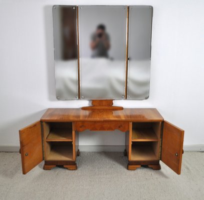 Art Deco Danish Vanity Desk With Tri, Tri Fold Vanity Mirror Desk