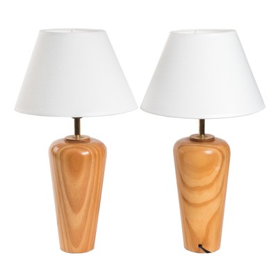 Modernist Lamps In Turned Wood Set Of, Tapered Ceramic With Wood Detail Table Lamps