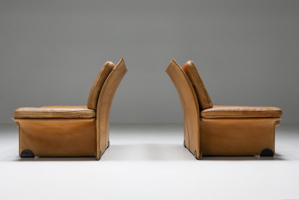 Mid Century Modern Italian Camel Leather Club Chairs from Brunati 1970s Set of 2 for sale at Pamono