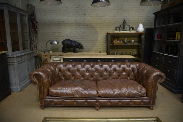 Large Brown Padded Leather Chesterfield Sofa, 1980 for sale at Pamono