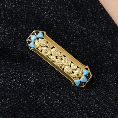 Broche Ancienne Art Déco En Laiton Doré Avec Pierre Verte - Occasion Vintage