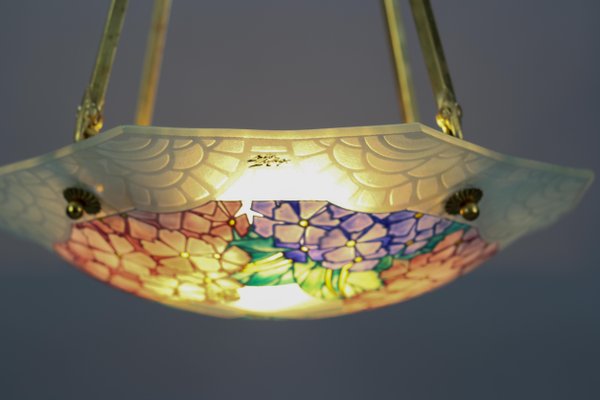 Art Deco Enameled Glass Four Light Pendant Chandelier from Loys