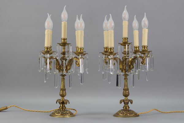 French Louis XVI Style Bronze and Crystal Candelabra Table Lamps Set of 2