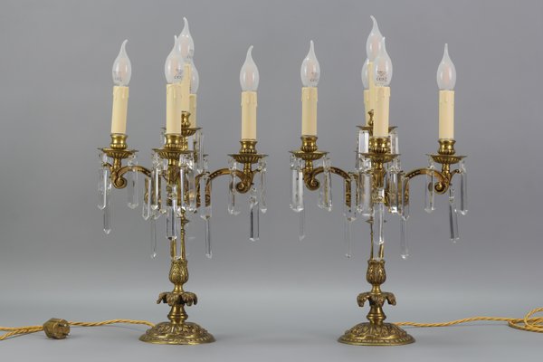 French Louis XVI Style Bronze and Crystal Candelabra Table Lamps Set of 2