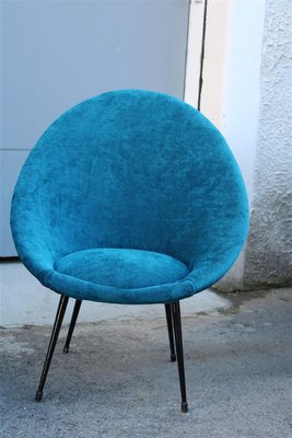 Small Italian Blue Velvet Black Stiletto Metal Egg Chairs 1950s