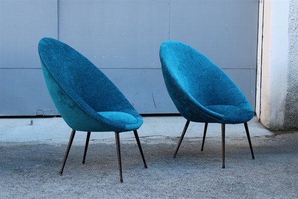 Small Italian Blue Velvet Black Stiletto Metal Egg Chairs 1950s Set of 2