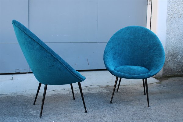 Set of Small Italian Blue Velvet Black Stiletto Metal Egg Chairs