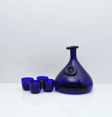 Cobalt Blue Viking Decanters and Cups by Ole Winther for Holmegaard  Glasswork, 1962, Set of 5