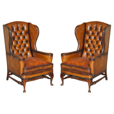 Wingback Armchairs in Hand Dyed Cigar Brown Leather in the Style