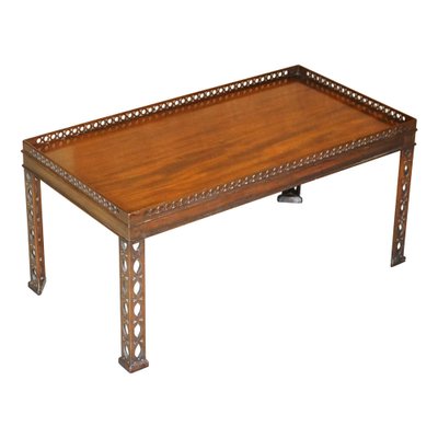 Chinese Chippendale Silver Tea Table with Fretwork in Carved Mahogany