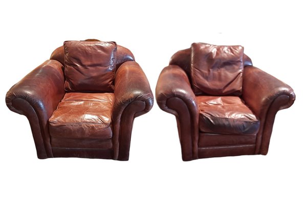 Spanish Brown Leather Club Chairs Set, Tan Leather Club Sofa
