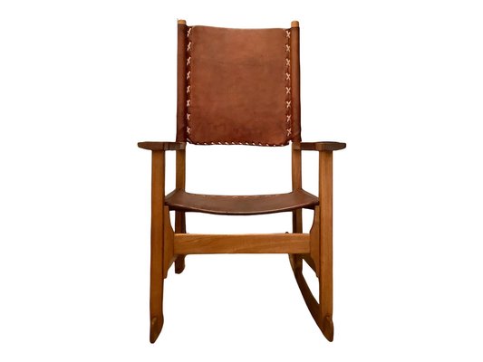 Sedia a dondolo in pelle e noce di Werner Biermann per Artesano Bogota,  Colombia, anni '70 in vendita su Pamono