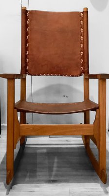 Sedia a dondolo in pelle e noce di Werner Biermann per Artesano Bogota,  Colombia, anni '70 in vendita su Pamono