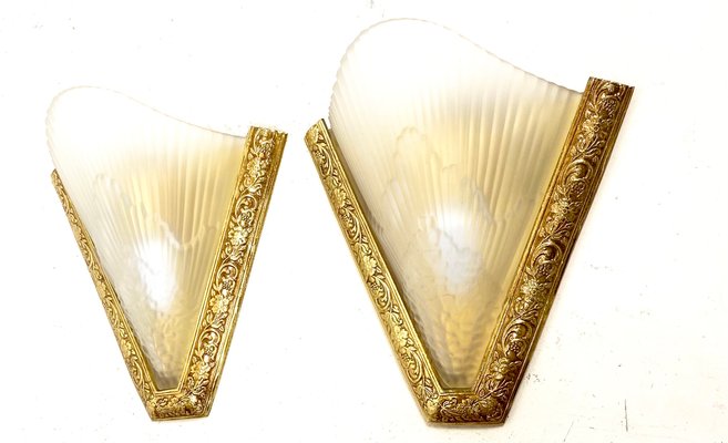 Antique French Art Deco Style Brass Glass Wall Lights 1920s Set of 2