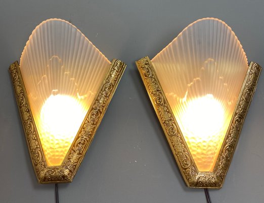 Antique French Art Deco Style Brass Glass Wall Lights 1920s