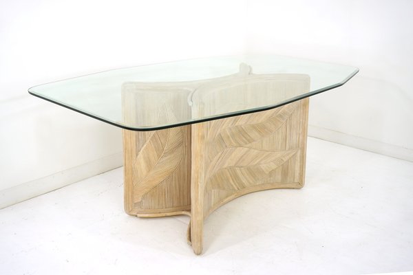 Glass Pencil Reed Rattan Pedestal, Double Pedestal Glass Top Dining Table