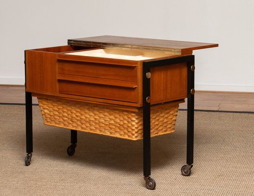 German Walnut Sewing Table on Wheels from Horn 1960s