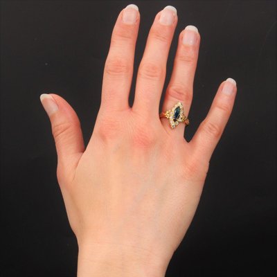 Bague Navette Saphir et Diamants en Or Jaune 18 Carat en vente sur Pamono