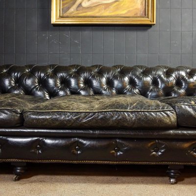 Huge Vintage Black Leather Chesterfield Sofa For At Pamono Black Leather Chesterfield Sofa, Black Leather Sofa With Silver Studs
