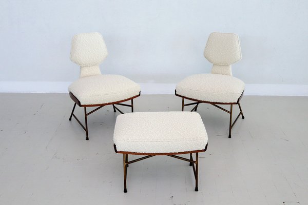 Mid Century Italian Wood Boucl Slipper Chairs Footstool 1950 Set of 3