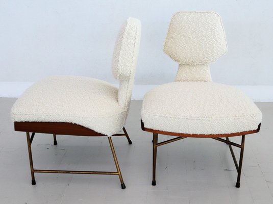 Mid Century Italian Wood Boucl Slipper Chairs Footstool 1950
