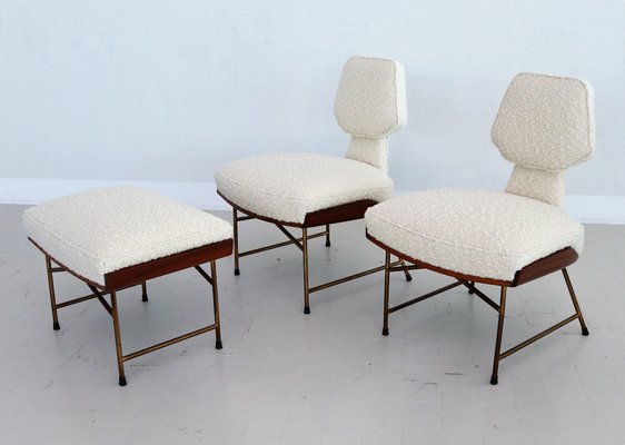 Mid Century Italian Wood Boucl Slipper Chairs Footstool 1950