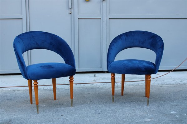 Italian Blue Cobalt Velvet Maple Brass Bedroom Chairs 1950s