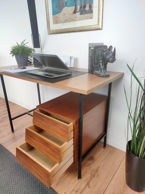 Small Mid Century Italian Cross Bar Desk in Wood Brass for sale