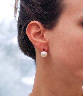 Ruby, Diamond & Pearl 14 Karat Rose Gold Stud Earrings, Set of 2