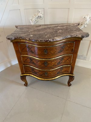 Antique 18th Century Marquetry Inlaid Serpentine Shaped Marble Top Commode Chest