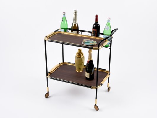 Mid-Century Mahogany Bar Cart with Trays and Bottle Holder by Ico