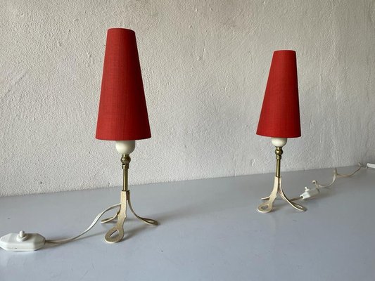 Mid-Century German Red Fabric Shade & White Metal Tripod Bedside