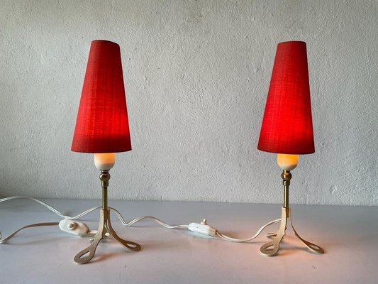 Mid-Century German Red Fabric Shade & White Metal Tripod Bedside Lamps,  1950s for sale at Pamono