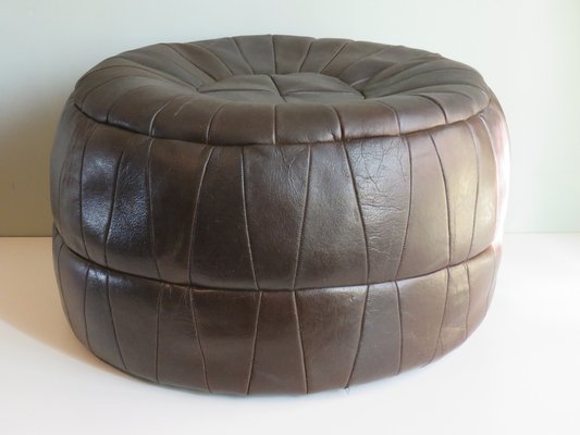 Belgian Dark Brown Patchwork Leather Pouf, 1970s for at Pamono