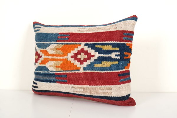 Square Colorful Woven Kilim Lumbar Cushion Cover in Blue Turkey