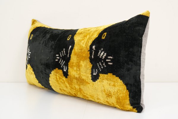 Ikat Velvet Silk Lumbar Cushion Cover with Panther Design for
