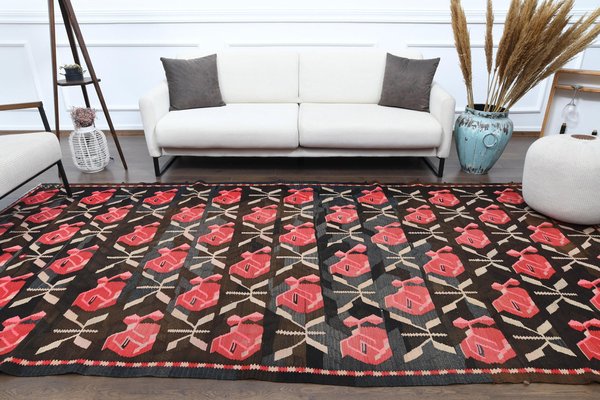 Vintage Turkish Red Black Wool Kilim, Red And Black Area Rugs For Living Room