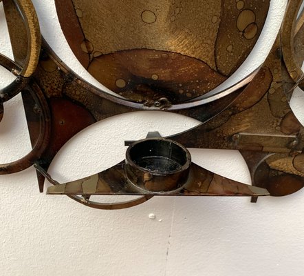 Mid-Century Danish Brutalist Metal Wall Sculpture and Candle