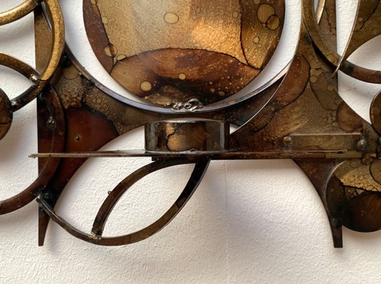 Mid-Century Danish Brutalist Metal Wall Sculpture and Candle