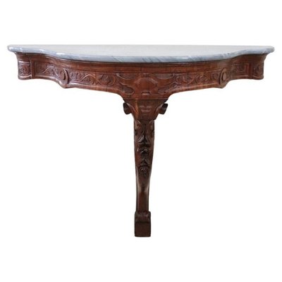Antique Carved Wood Console Table With Marble Top 1850s