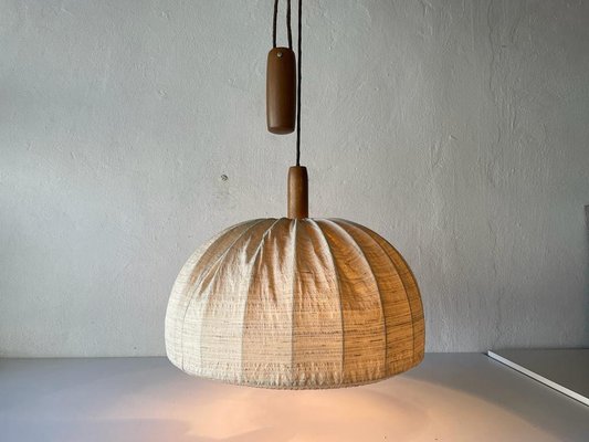 Fabric And Teak Counterweight Pendant Lamp 1970s For At Pamono - Rattan Cloche Pendant Ceiling Light Fixture